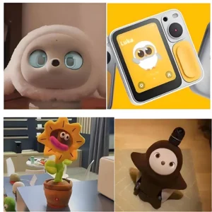 AI companion robots and smart toys: fluffy pet, Luka AI assistant, dancing sunflower, and humanoid bot—enhancing interactive experiences.