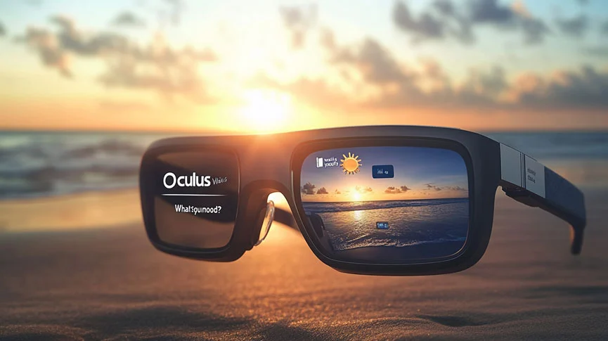 Smart glasses with advanced AR display technology enhancing real-world views with digital overlays, showcasing weather updates and interactive elements against a beach sunset backdrop.