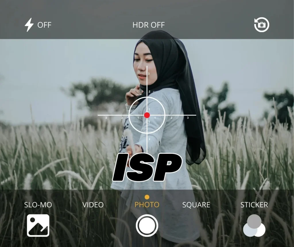 Mock camera interface overlay with ISP label and targeting reticle focused on a woman in a field, illustrating real-time image parameter control concept.