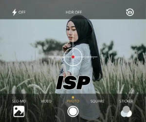 Mock camera interface overlay with ISP label and targeting reticle focused on a woman in a field, illustrating real-time image parameter control concept.